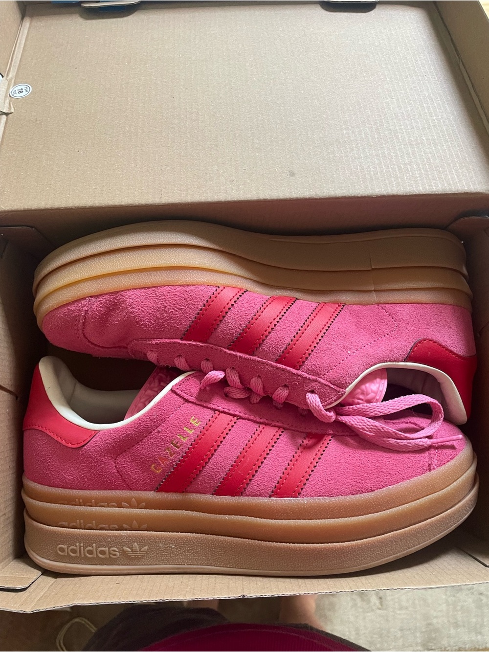 adidas Pink Suede Platform Sneakers with Red Stripes